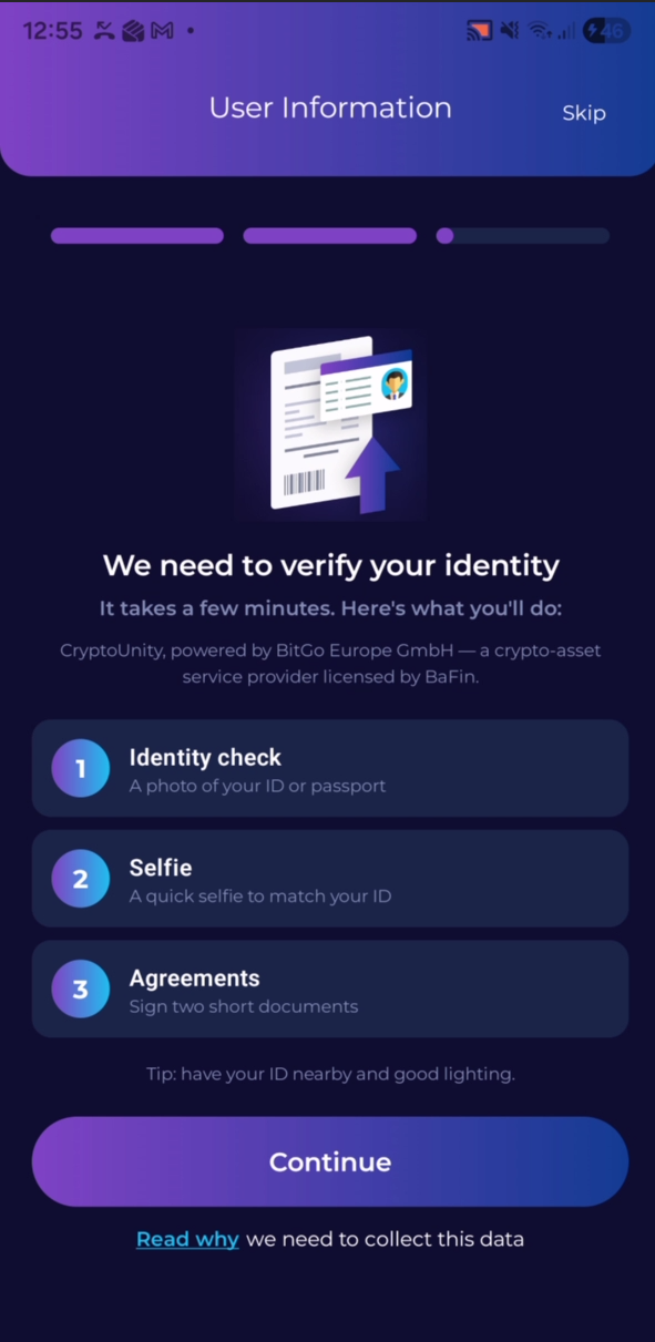 In-app identity check: photo ID, selfie, and agreements