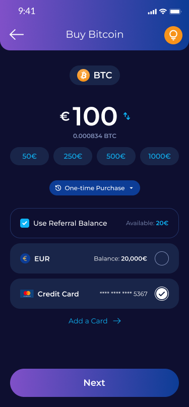 Buy Bitcoin screen with amount presets and payment method
