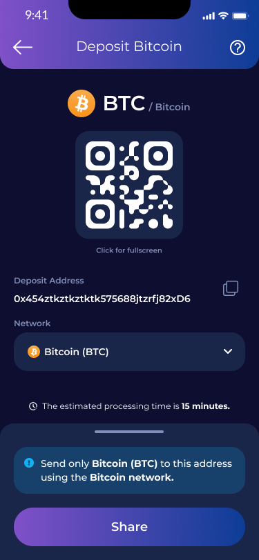 CryptoUnity app showing a coin’s deposit address and its network label