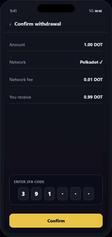 Binance withdraw confirmation showing amount, network fee and 2FA prompt